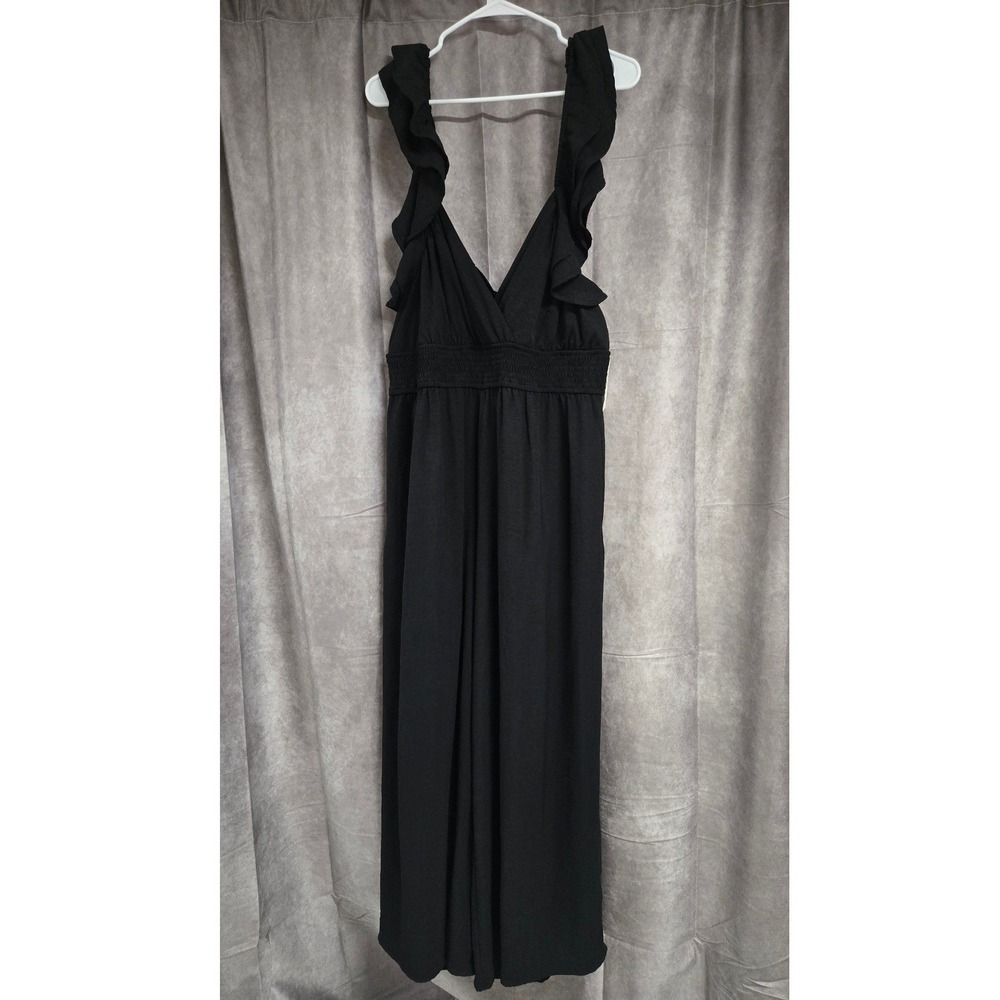 Arula Ruffle Shoulder Smocked Waist Wide Legโ Jumpsuit Black Women's Size 1X NWT